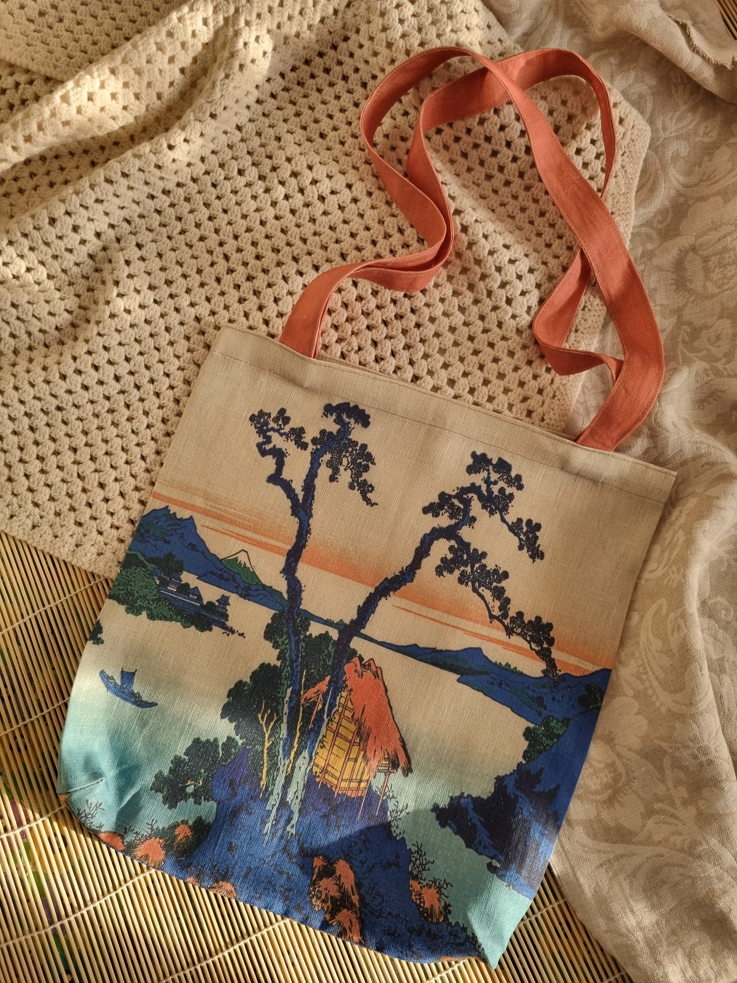 Printed linen tote bag, Lake Suwa, Katsushika Hokusai 