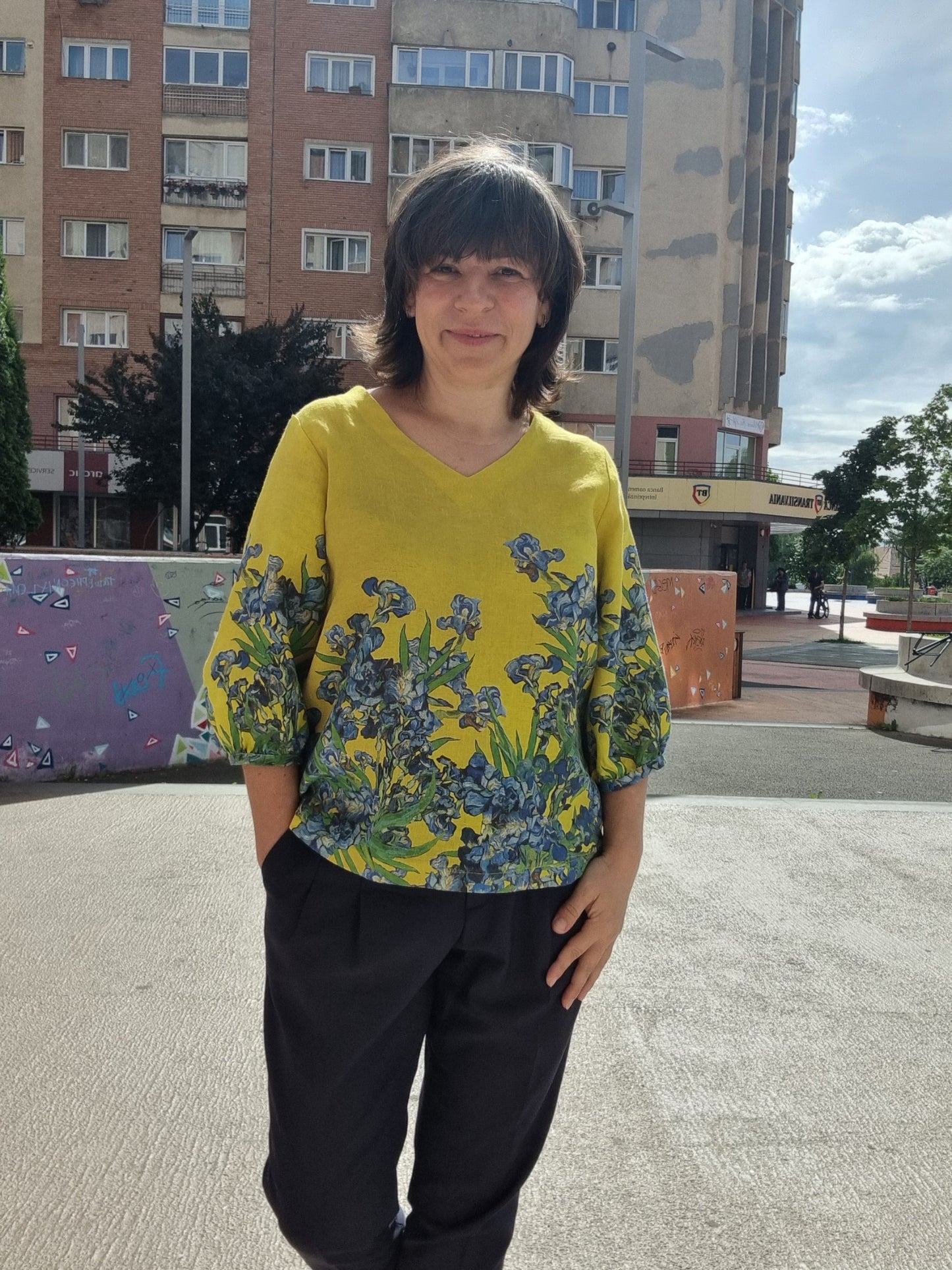 Bishop printed blouse, Van Gogh Irises 