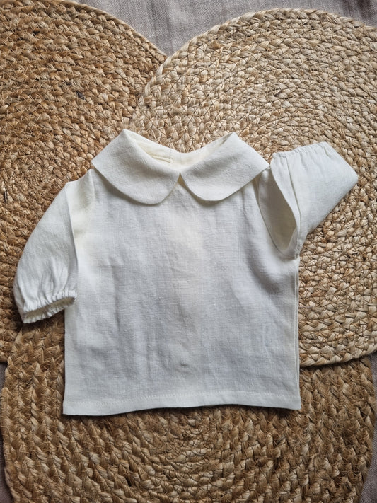 Camasuta din in prespalat, cu guler Peter Pan, culoare Milk White - GRADINA CU COCONI SRL