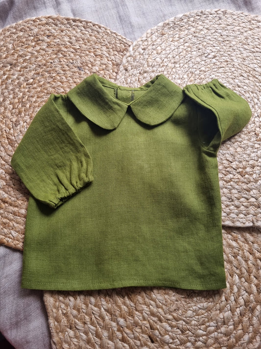 Camasuta din in prespalat, cu guler Peter Pan, culoare Verde Olive - GRADINA CU COCONI SRL