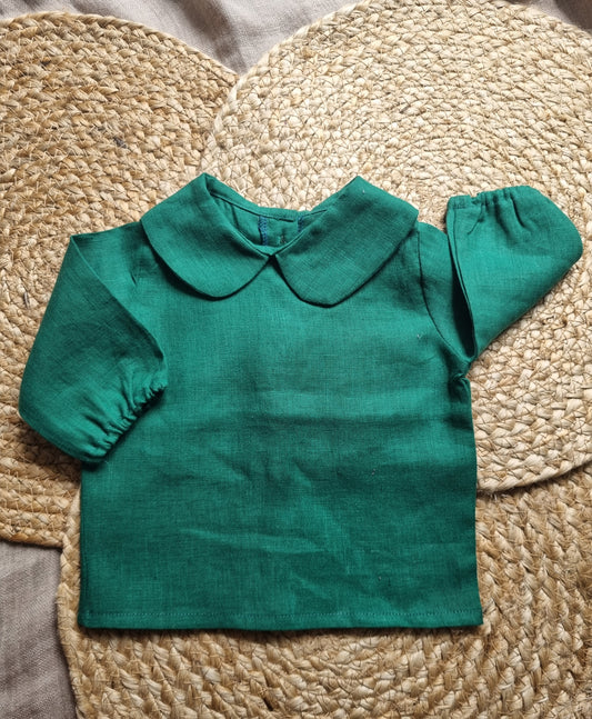 Camasuta din in prespalat, cu guler Peter Pan, culoare Verde Pin - GRADINA CU COCONI SRL